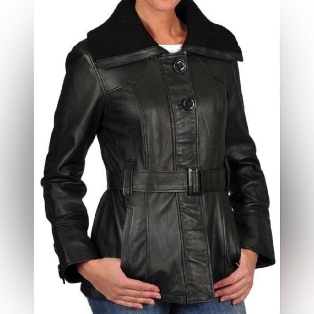 R&O Vintage Women's Black Leather Jacket Size L Belted Waist Cyber Y2K Style
